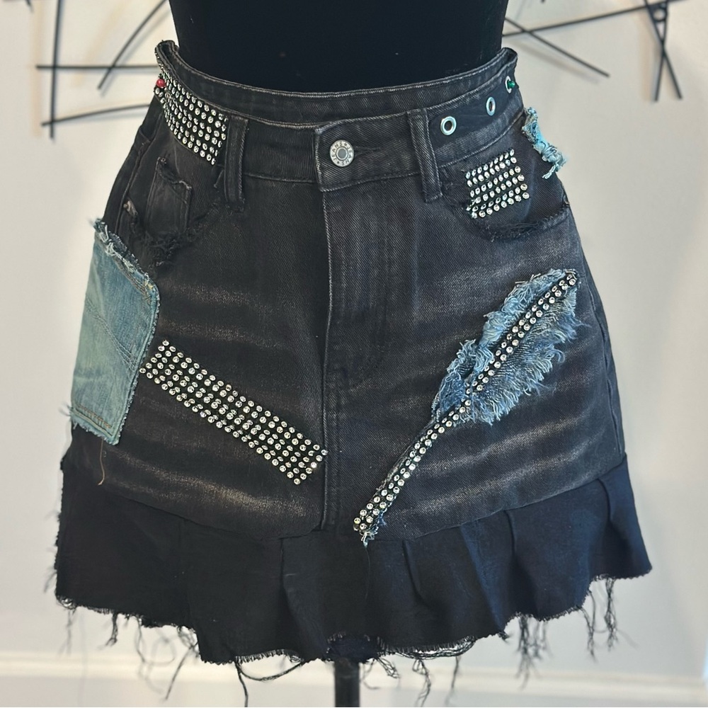 Custom Studded Black Denim Skirt